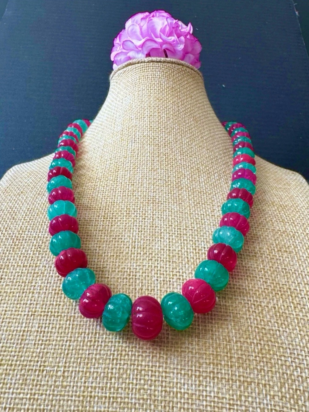 Stunning Graduated & Carved Ruby-Emerald Necklace 22”inch & 121grams